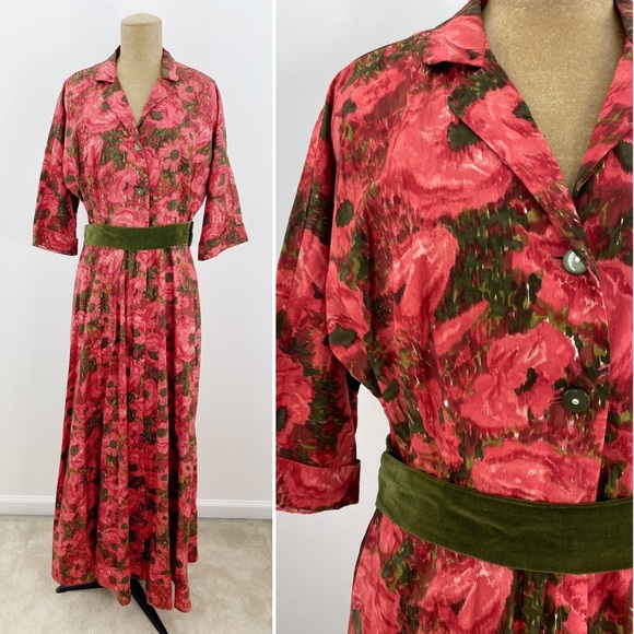 Vintage Dresses & Skirts - Vintage 60s Evelyn Pearson Lounge Red Floral V Neck Collar Maxi Flare Dress M